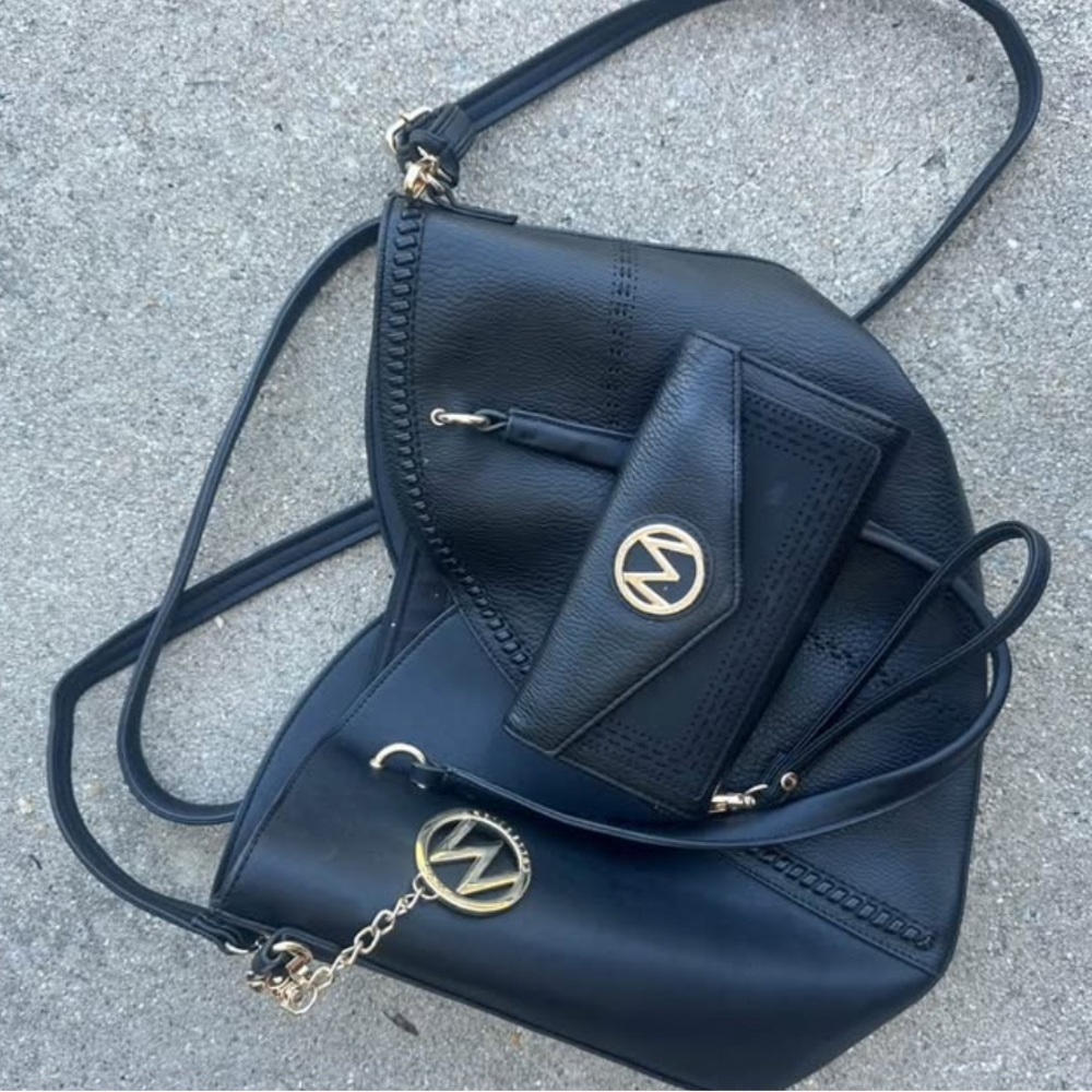 Black Women's Bag Set with Gold Accents